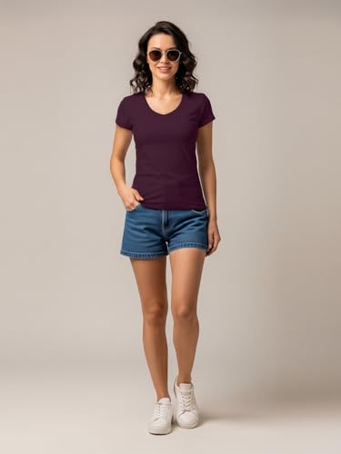 Image of JUNEBERRY Cotton Lycra Regular Fit V- Neck Solid Core Half Sleeves T-Shirt for Women & Girls (Colors Available: Black, Green, Magenta, Blue, Orange & Limeade)