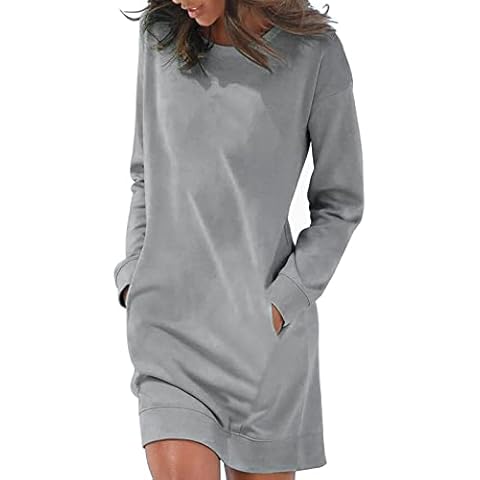 Womens T Shirt Dress with Pockets, Solid Long Sleeve Fall Dresses 2022 Crewneck Long Sweatshirts to Wear with Leggings Cover