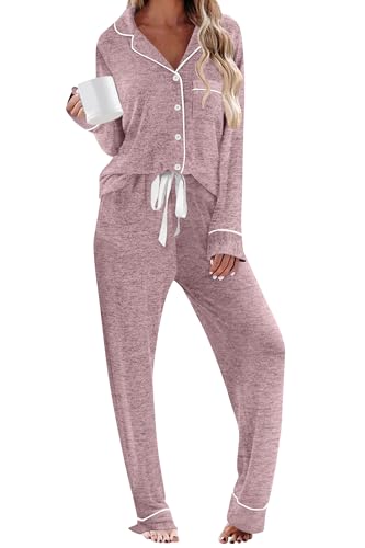 Image of HNG Pajamas for Women Set 2 Piece Pj Set Long Sleeve Button Up Lounge Sets Sleepwear with Pockets XS-XXL