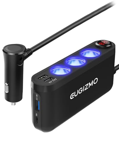 EUGIZMO USB Cigarette Lighter Adapter, 200W Car Cigarette Lighter Plug Splitter Adapter USB Charger Extension Cord 3 Socket Way 12V/24V Car Charger Adapte r Splitter Port for Plug Outlet