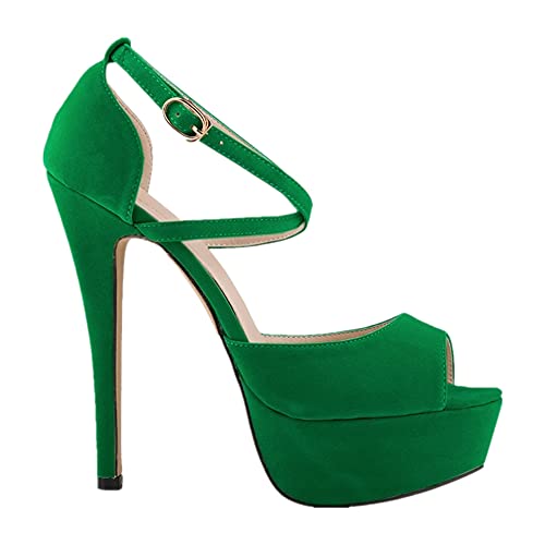 Women's Open Toe Heel 14cm Platform Dressy Pumps Flannel Sexy Stiletto Pumps Ballroom Performance Latin Dance Shoes (7,Green)