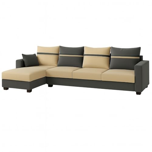 Image of CASASTYLE Wallis 5 Seater Fabric LHS L Shape Sofa Set (Beige-Dark Grey) Velvet Finish | Comfortable Sectional Sofa for Living Room