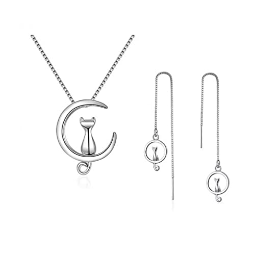 Pendientes de gato y luna con gargantilla de plata 925, el conjunto de joyería para regalar