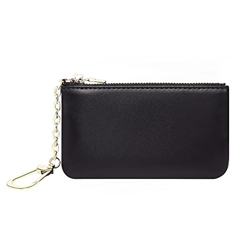Premium Genuine Full Grain Leather Key Pouch Tiny Zip Coin Purse Card Holder with Keychain Clasp for Men Women (black - genuine leather)