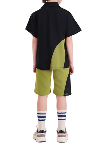 Kids Boys Athletic Outfit Color Block Short Sleeve Lapel T-shirt With Loose Shorts For Sports Green XX-Large2