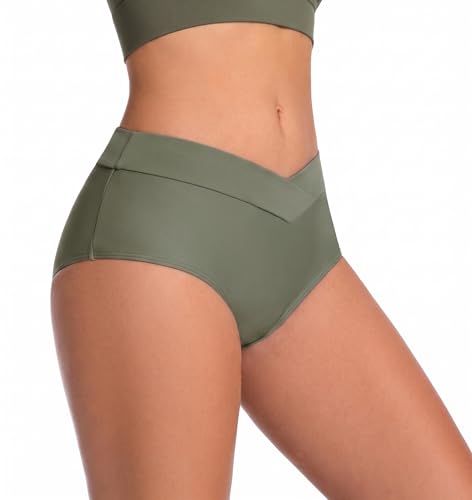 COCOPEAR V Cut Mid Rise Bikini Bottoms for Women Cross Front Bathing Suit Bottoms for Women Army Green M — view 2