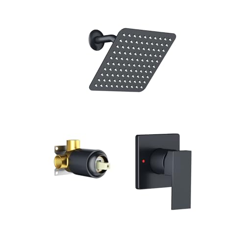SunCleanse 8 Inch Matte Black Rain Shower System with Pressure Balanced Anti-Scald Valve, Solid Brass Rough-In Valve & Single Handle Trim Kit, Shower Faucet Set for Home Bathroom Remodel Apartment