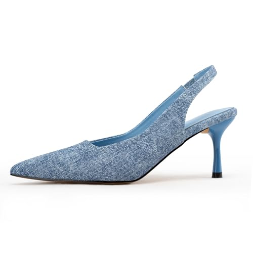 Denim Blue Heels for Women,Kitten Heels Slingback Pointed Toe Pumps Bride Wedding Shoes 112