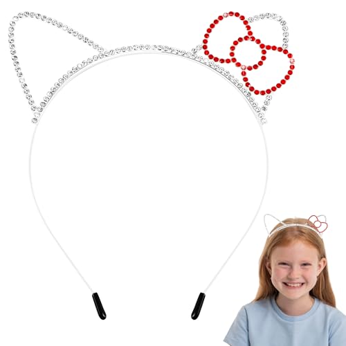 Chanaco Cat Ears Headbands Kitty Party Favors Birthday Decorations Metal Rhinestones Silver Gabby Hair Accessories Red Bow Cat Headpieces Cute Gifts