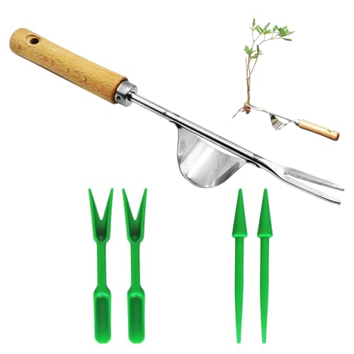 ZBHDEYG Piccone in Acciaio Inossidabile da 1 Pezzo, Avviatore per Piantine da 4 Pezzi, Set di Attrezzi da Giardino, Strumento per Tirare con Impugnatura, Sarchiatore per Radici Profonde