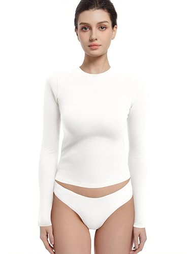 Abonlen Long Sleeve Shirts for Women Crewneck Basic Tees T Shirts Fitted Crop Tops Y2k Going Out Tops (Cream White,X-Large)