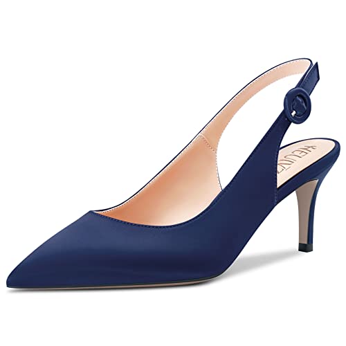 HEUIVZAR Slingback Pumps for Women Ankle Strap Pointed Toe Stiletto Kitten Low Heel Satin Shopping Vacation Classic 2.5 Inch