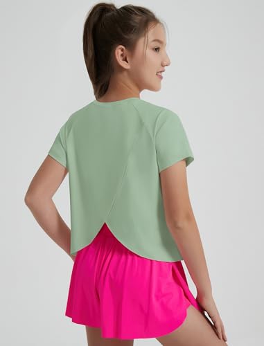 Image of EXARUS Girls Athletic Shirts Quick Dry Workout Split Back Crop Tops 6-14Y | Tween Athletic Sports Soccer Activewear Gym Running Dri Fit Teen Tennis Performance Hiking Short Sleeve Tees Kids 6-14Y