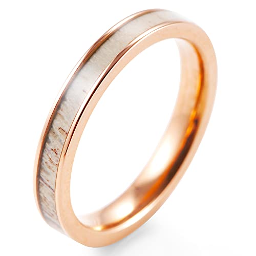Women's 3mm Rose Gold Titanium Ring with Real Antler Inlaid Wedding Bands