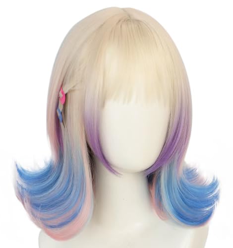 QHQ-SHININGLIFI Unicorn Wolf Cut Wig with Pink Blue Ombre Highlights & School Girls Bangs, for Wednesday Season 2 Enid Sinclair Costume Party Accessory, Perfect for Cosplay & Halloween, Free Hair Net