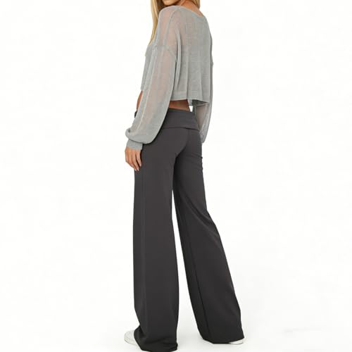 Image of Lounge Yoga Pants for Women Fold Over Low Waist Wide Leg Bell Bottoms | Y2K Foldover Pants, Flare Leggings, Low Rise Yoga Sweatpants