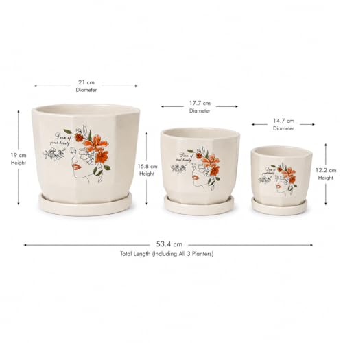Image of Xtore Artistic Floral Face Ceramic Planter Set with Drainage Saucers | Decorative Planter Pot for Living Room, Balcony & Contemporary Plant Styling (Set of 3, Ivory Beige - Planters only)