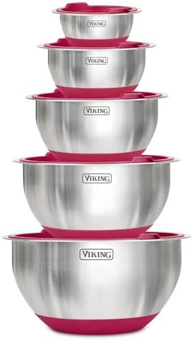 Viking Mixing Bowls Set, 10 Piece Stainless Steel Kitchen Cookware, Non-Slip Silicone Base, Includes Tight Fit Lids, Dishwasher Safe, Red