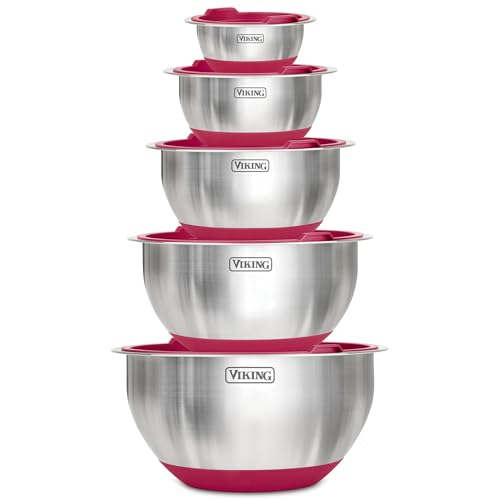Viking Mixing Bowls Set, 10 Piece Stainless Steel Kitchen Cookware, Non-Slip Silicone Base, Includes Tight Fit Lids, Dishwasher Safe, Red