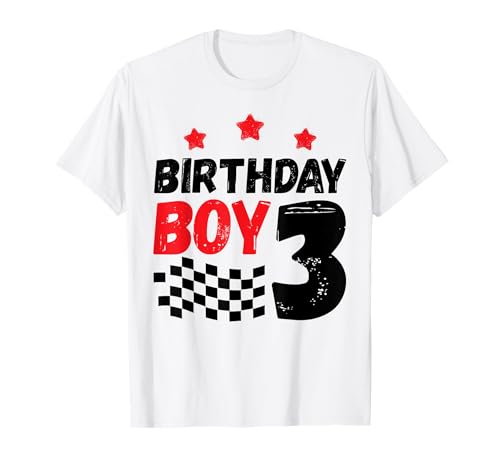 Tre auto da corsa 3 ° compleanno bambini a scacchi 3 anni velocità Maglietta