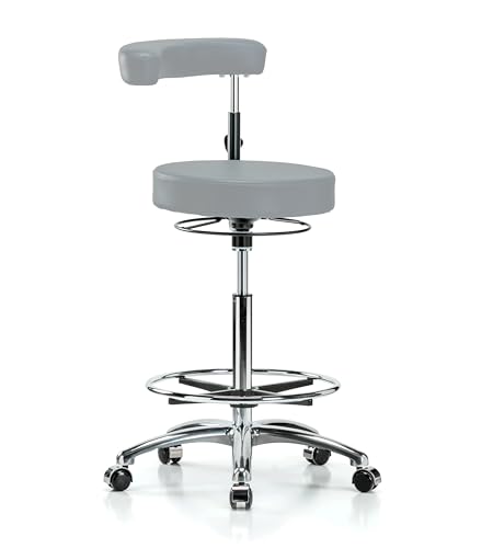 Image of Perch Chrome Rolling Dental Stool Adjustable Height with Procedure Arm and Foot Ring | High Bench Height 24.5-32 inch | Grey Vinyl