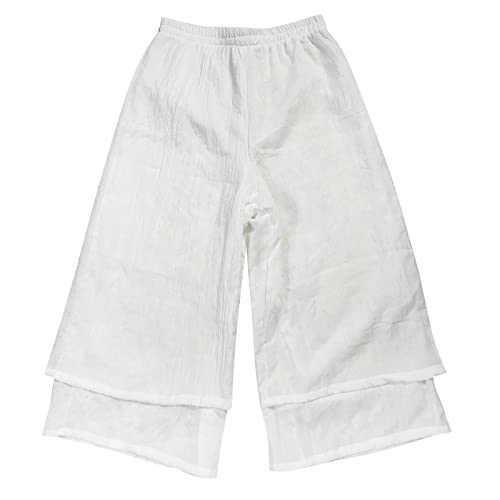 YOLAI Double Layer Wide Leg Pants Loose Elastic Waist Trouser Solid Color Vintage Casual Trouser for Women (White, One Size)4
