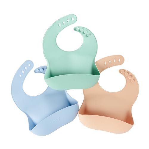 Nuby Lot de 3 Bavoirs Bébé en Silicone Garçon – Imperméables & Faciles à Nettoyer – Souples et Réglables – Poche Récupératrice de Nourriture –...