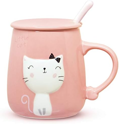 Angelice Home Pink Cat Mug 13 Oz, Cute Kitty Coffee Mug Cup with Lid and Ceramic Spoon for Cat Lovers