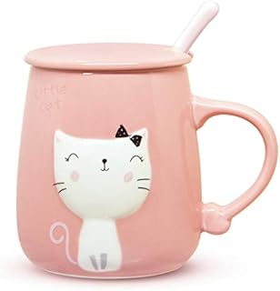 Angelice Home Pink Cat Mug 13 Oz, Cute Kitty Coffee Mug Cup with Lid and Ceramic Spoon for Cat Lovers