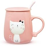 Angelice Home Pink Cat Mug 13 Oz, Cute Kitty Coffee Mug Cup with Lid and Ceramic Spoon for Cat Lover