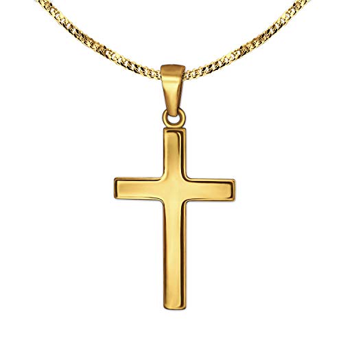 CLEVER SCHMUCK Cadena de oro para niños pequeña cruz de 15 mm lisa brillante, cadena fina de 40 cm, ambos oro 333 de 8 quilates, en estuche de joyería