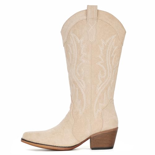 Image of IUV Cowboy Boots For Women Western Cowgirl Boots Mid Calf Snip Toe | Chunky Heel Ideal for low insteps
