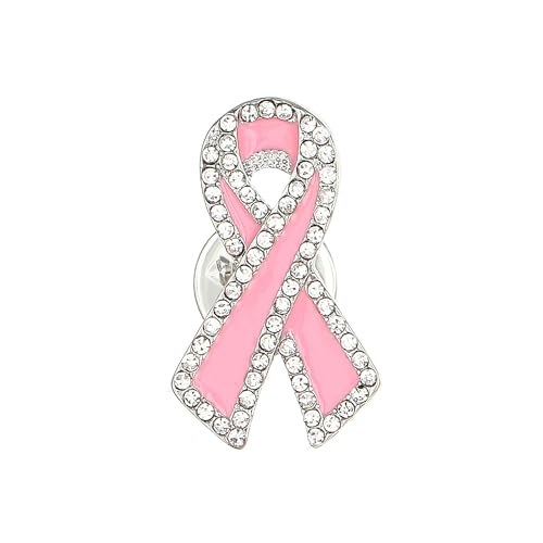 Image of Breast Cancer Awareness Pink Ribbon Rhinestone Brooch Pins, Faith Hope Love Fight Pray Lapel Pins, Pink Crystal Support Jewelry for Women