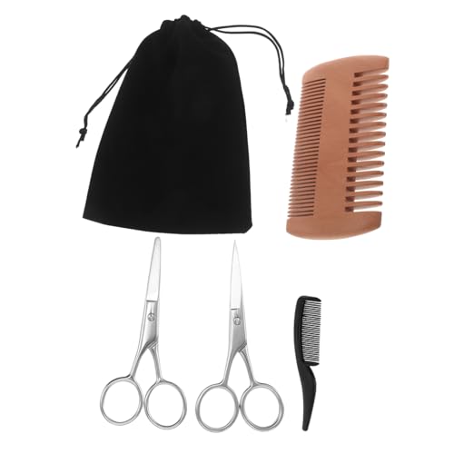 NOLITOY 男士理容 鼻毛トリマー付き 尖頭ハサミと丸頭ハサミ デュアル面天然木製コーム プラスチックコーム付 メンズヒゲケア 髭整え用ツー