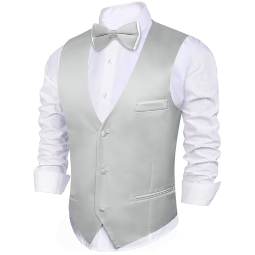 Image of Barry.Wang Mens Suit Vest Bow Tie Set 4PCS Formal V-neck Slim Fit Casual Solid Color Waistcoat Wedding Party Tuxedo