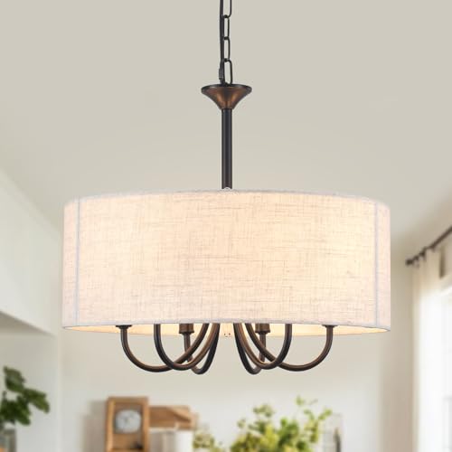 HLJYNJM 18' Drum Chandelier for Dining Room, 6-Light Farmhouse Round Chandelier, Black Hanging Light...