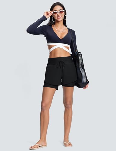 Womens 3" Swim Board Shorts High Waisted Slimming Quick Dry UPF Swim Beach Trunk with Liner and Zipper Pockets4