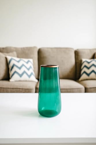 Image of SPHINX 9-Inch Green Glass Flower Vase with Golden Rim | Elegant Table Vase for Home Decor, Living Room Styling & Fresh /Artificial Flowers