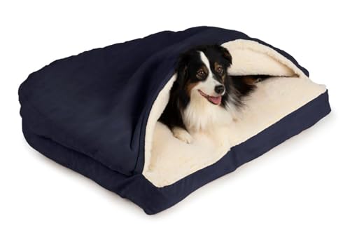 Image of Snoozer Rectangle Cozy Cave Dog Bed, Hooded Dog Bed, Navy (S)