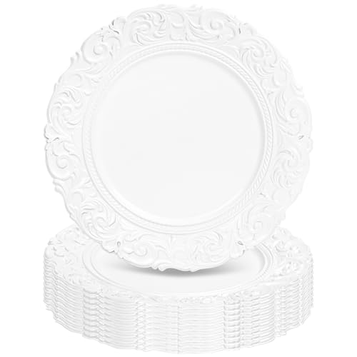 Tomeurperf White Charger Plates Bulk 10Pcs - 13 White Chargers for Dinner Plates Floral Embossed Decorative Charger Plate for Wedding & Event Kitchen Party Decoration