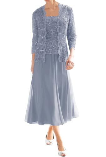 Dusty Blue Grandmother of The Bride Dresses for Wedding 3/4 Sleeve Chiffon Mother of Bride Dresses with Jackets -US 10