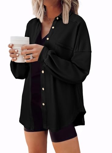 SHEWIN Womens Shackets Waffle Knit Button Down Shirts Trendy 2025 Long Sleeve Shacket Jacket Fashion Plus Size Tops Dressy Casual Fall Jackets for Women Black XXL