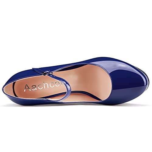 Aachcol Women Platform Mary Jane Chunky Block High Heel Pumps Close Round Toe Ankle Strap Two-Piece Dress Shoes Pumps Party Wedding Patent 5 Inch4