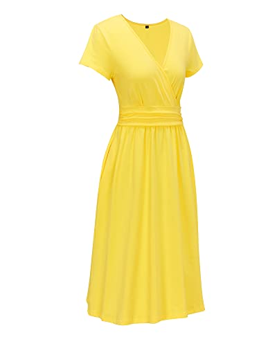 Image of OUGES Casual Summer Dress for Women Wrap V Neck A Line Midi Dresses with Pockets