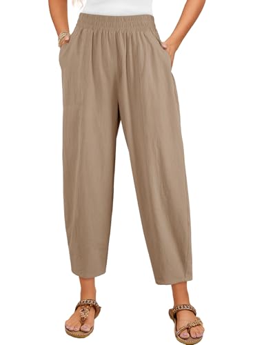 Dokotoo Womens Cotton Baggy Wide Leg Pants Casual Elastic Waisted Loose Lounge Harem Pants with Pockets