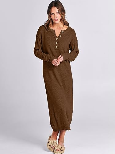 Image of ANRABESS Women Long Sleeve Button V Neck Oversized Casual Loose Fit Waffle Knit Fall Midi Sweater Dress 2026 Trendy Outfits