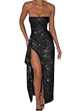 Memoriesea Women's Sexy Tube Bodycon Ruched Strapless High Split Party Maxi Dresses Black