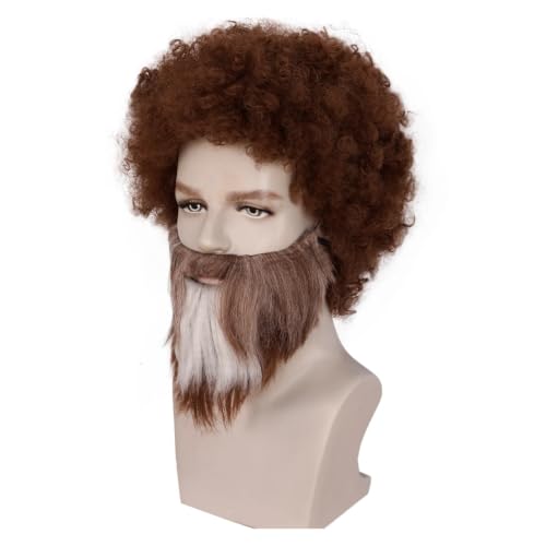 Perruque synthétique courte bouclée brune et barbe volume naturel - 3