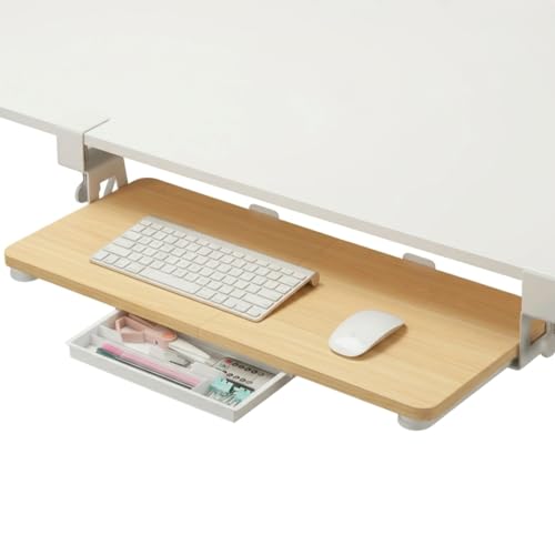 Spacetronik Tastaturablage Untertisch Ausziehbar 68x30 cm Stabile Tastaturauszug Untertischmontage mit C Klemme Ergonomischer Tastaturschublade für Schreibtisch Belastbar bis 5kg Helles Holz