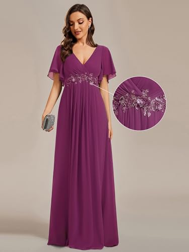 Image of Ever-Pretty Womens V Neck Applique Mother of the Bride Dresses Formal Dress | Chiffon, Short Sleeves, Ruched, A-Line, Bridesmaid Dresses, Formal Gown, Black Tie Dress